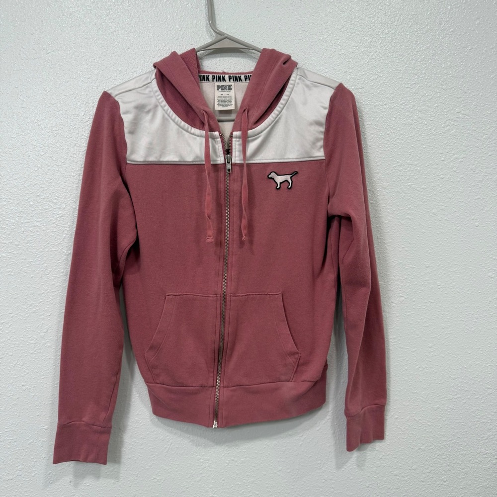 Pink Victoria's Secret Full Zip Hoodie Mauve White Floral Logo XS